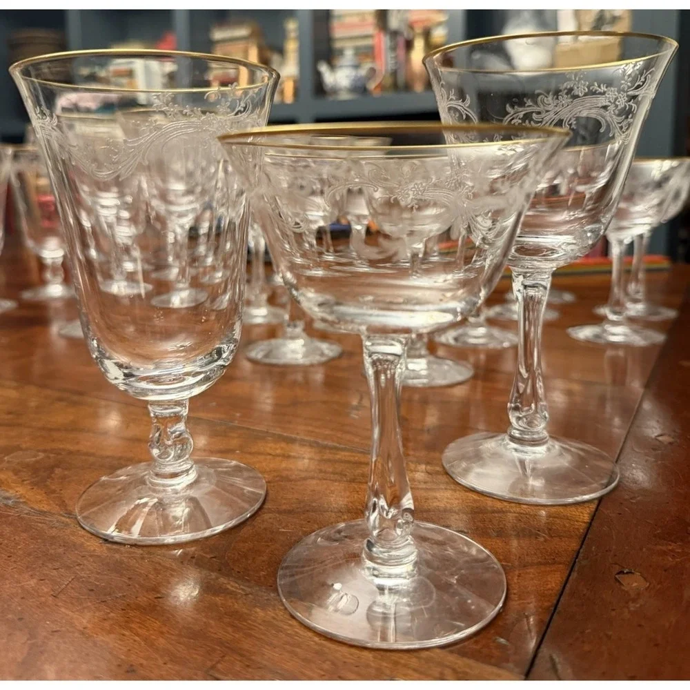 Golden Lace by Fostoria Set of 28 Iced Tea, Water, Wine, Champagne Etched w/Gold